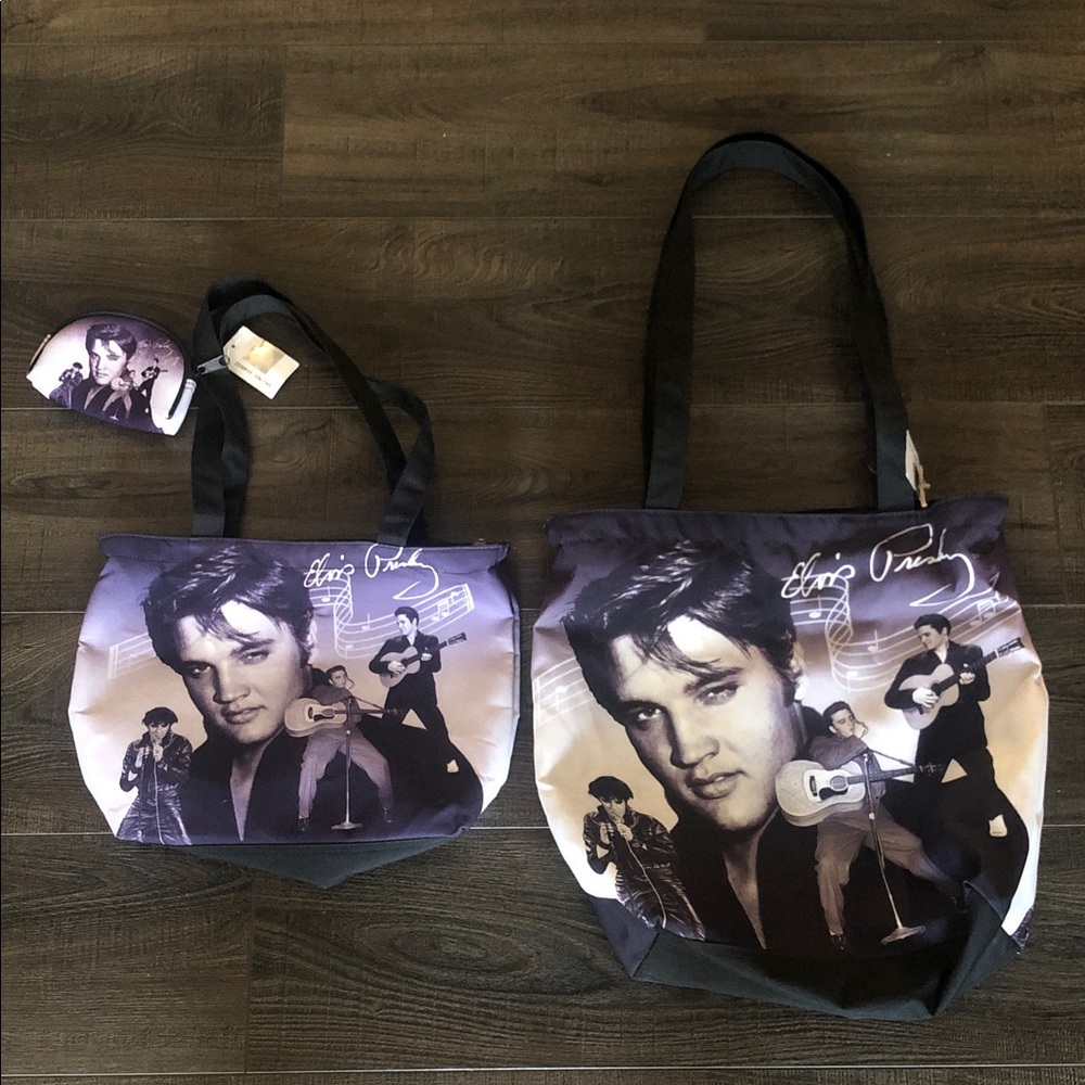 Elvis Presley Black Tote Bag Set NWT, zipper closures same print front/back.